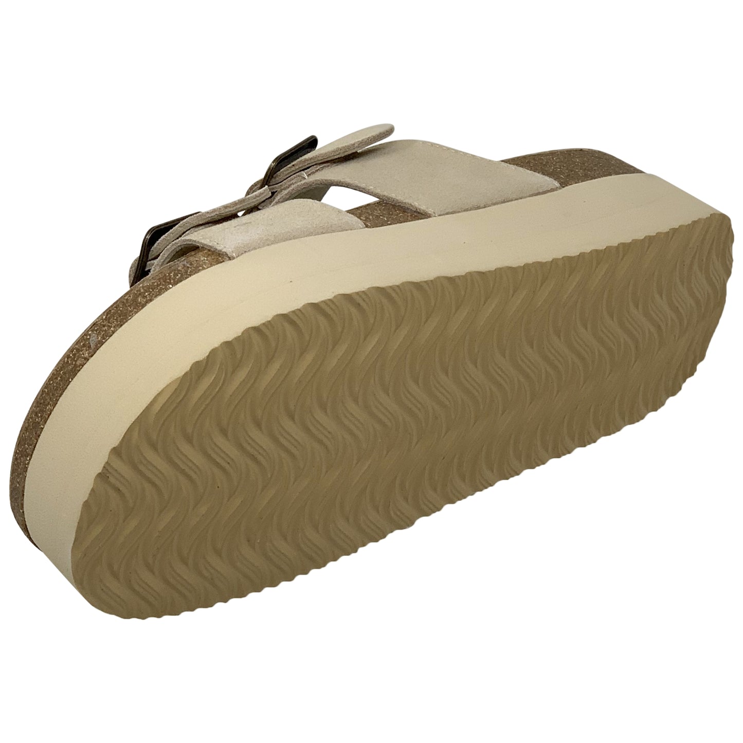 SOBEYO Platform Cork Cow Suede Footbed Sandals Double Buckle Straps Beige