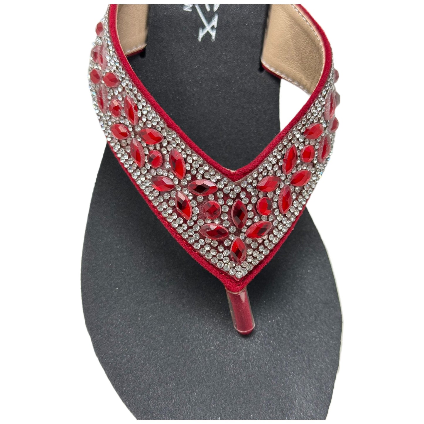 Womens Platform Sandals Rhinestone Wedge Flip Flops Sparkling Beaded Strap Red