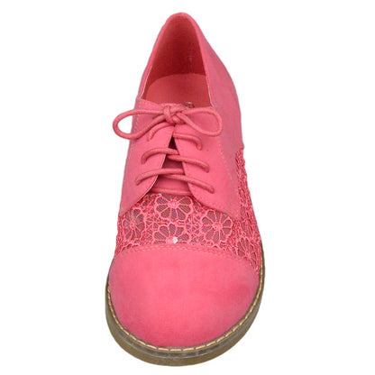SOBEYO Women's Embroidered Flower Lace Up Oxford Flats Pink