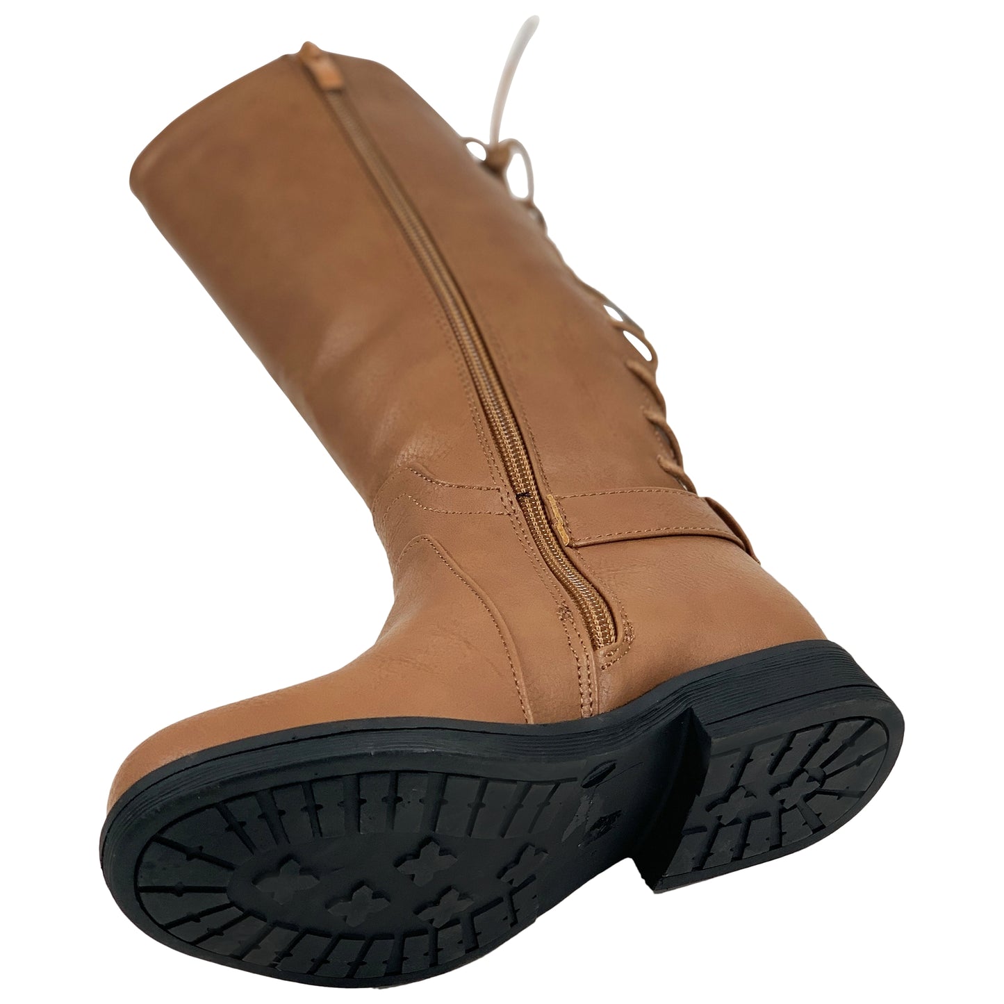 Girls' Riding Boots Corset Lace Up Back Mid Calf Knee High Block Heels Tan