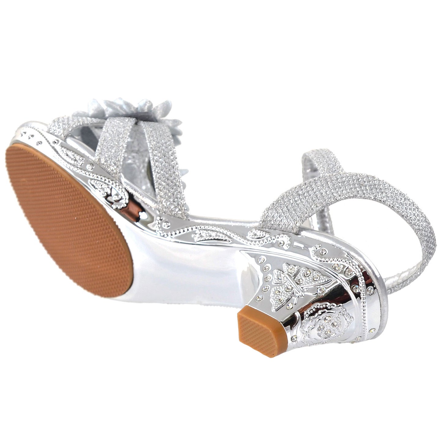 Kids Dress Heel Sandal Rhinestone Ankle Strap Flower Accent