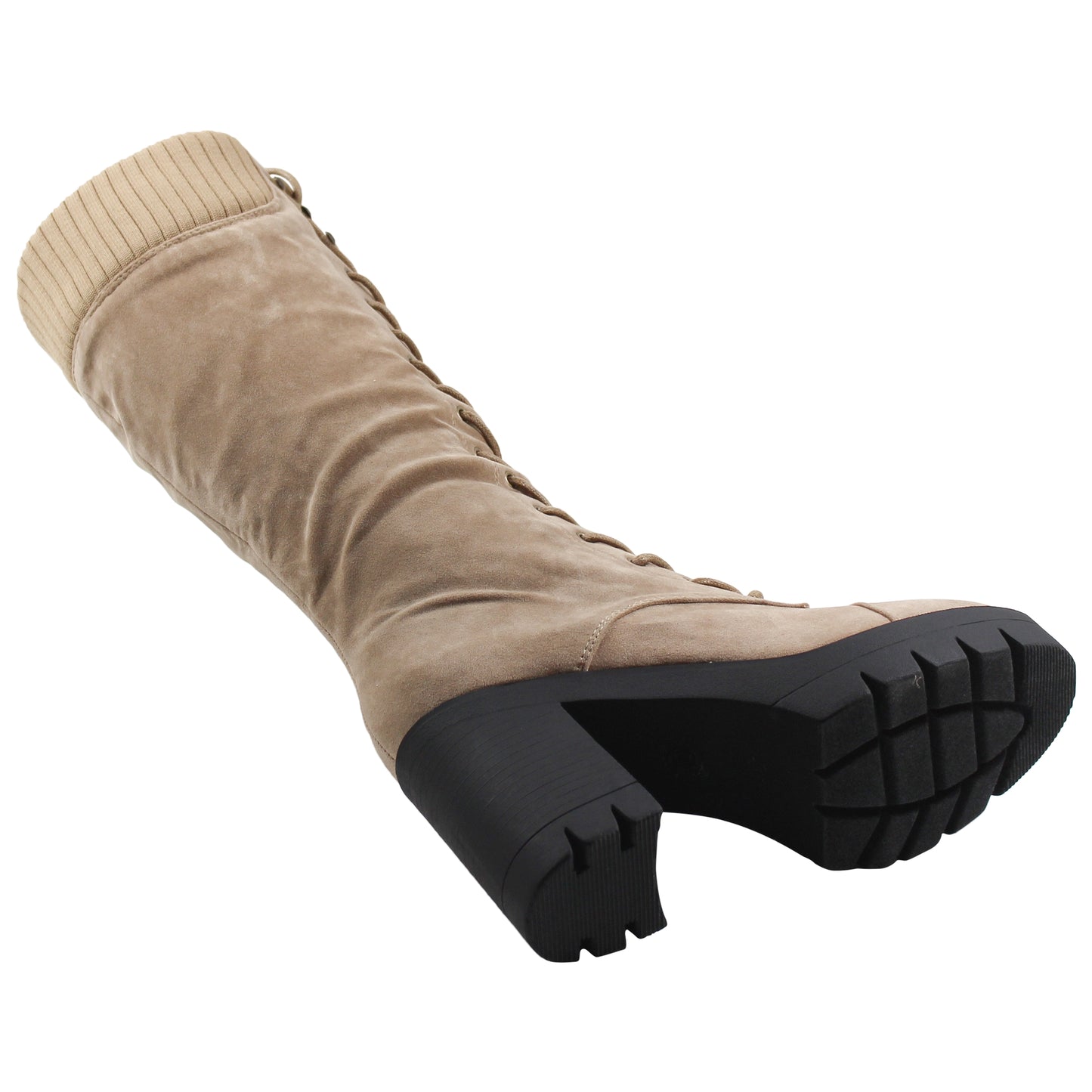 Women Lace Up Chunky Heel Knitted Cuff Combat Boots Beige Suede