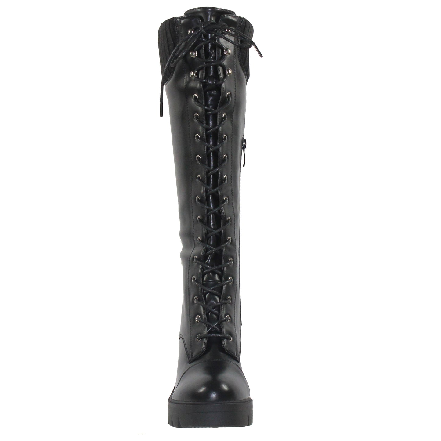 Women Lace Up Chunky Heel Knitted Cuff Combat Boots Black PU