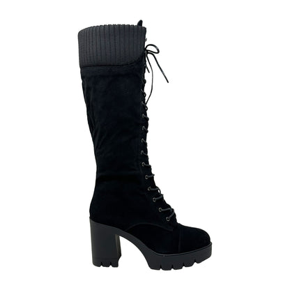 Women's Knee High Combat Boots Lace Up Chunky Heel Knitted Cuff Zipper Closure Black Suede