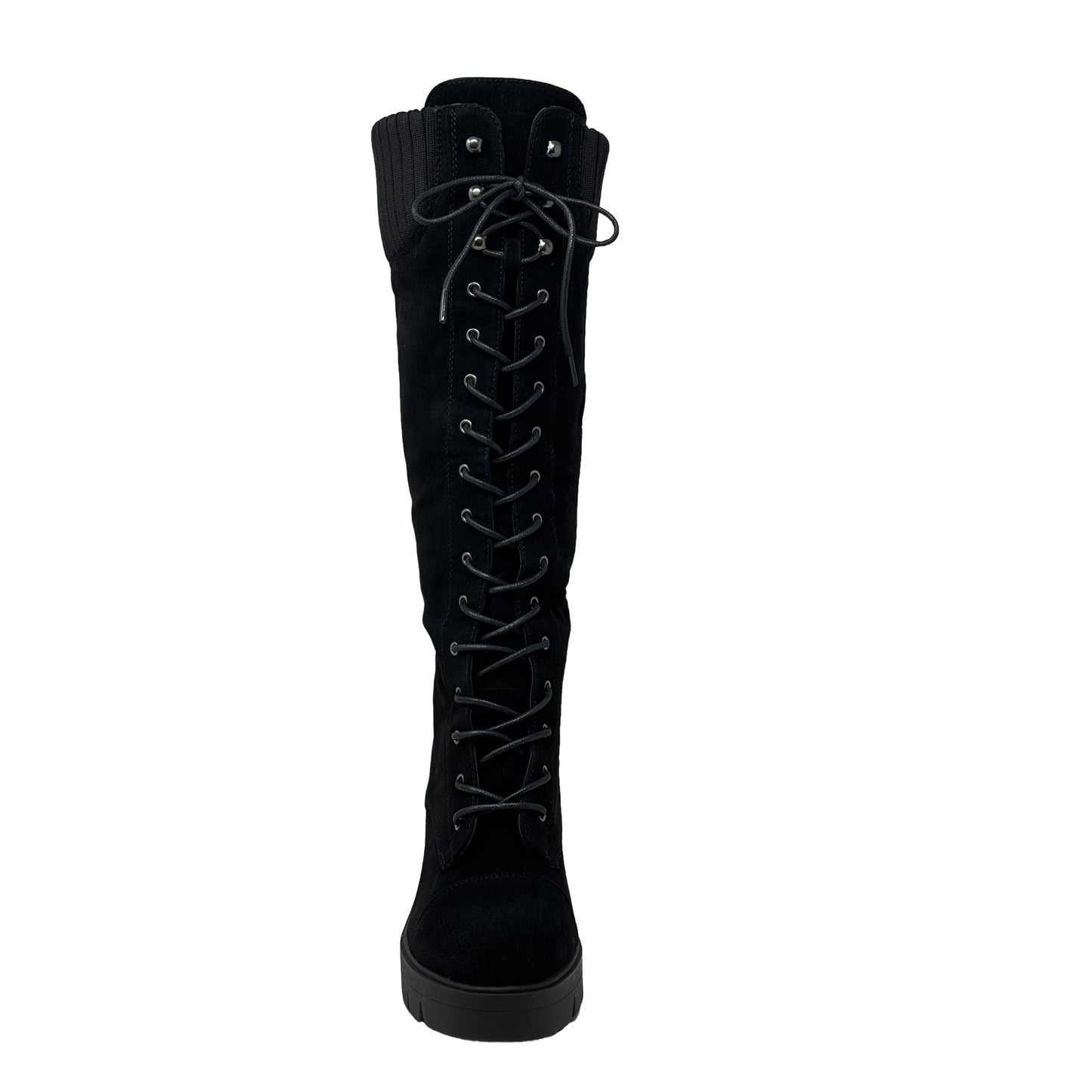 Women's Knee High Combat Boots Lace Up Chunky Heel Knitted Cuff Zipper Closure Black Suede