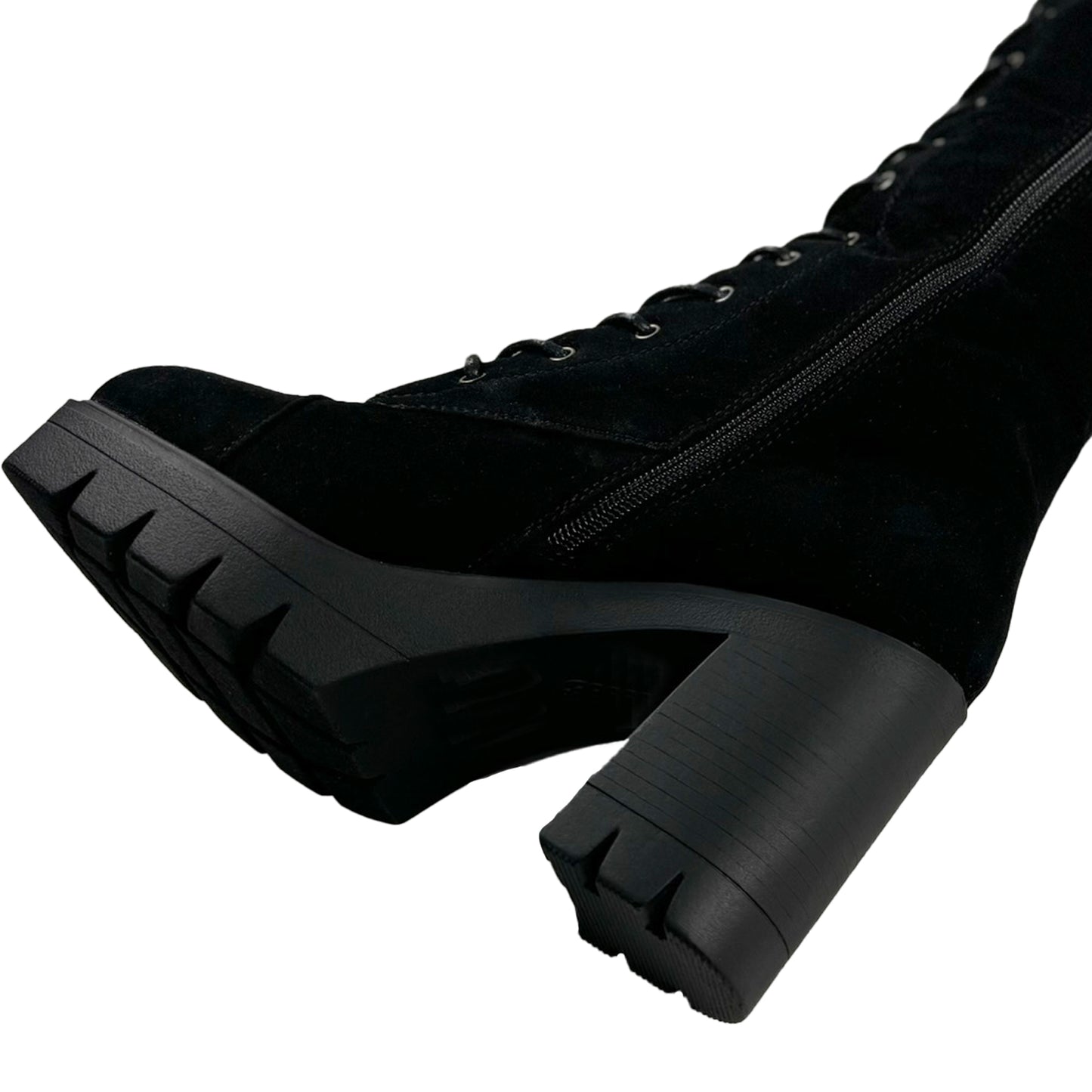 Women's Knee High Combat Boots Lace Up Chunky Heel Knitted Cuff Zipper Closure Black Suede