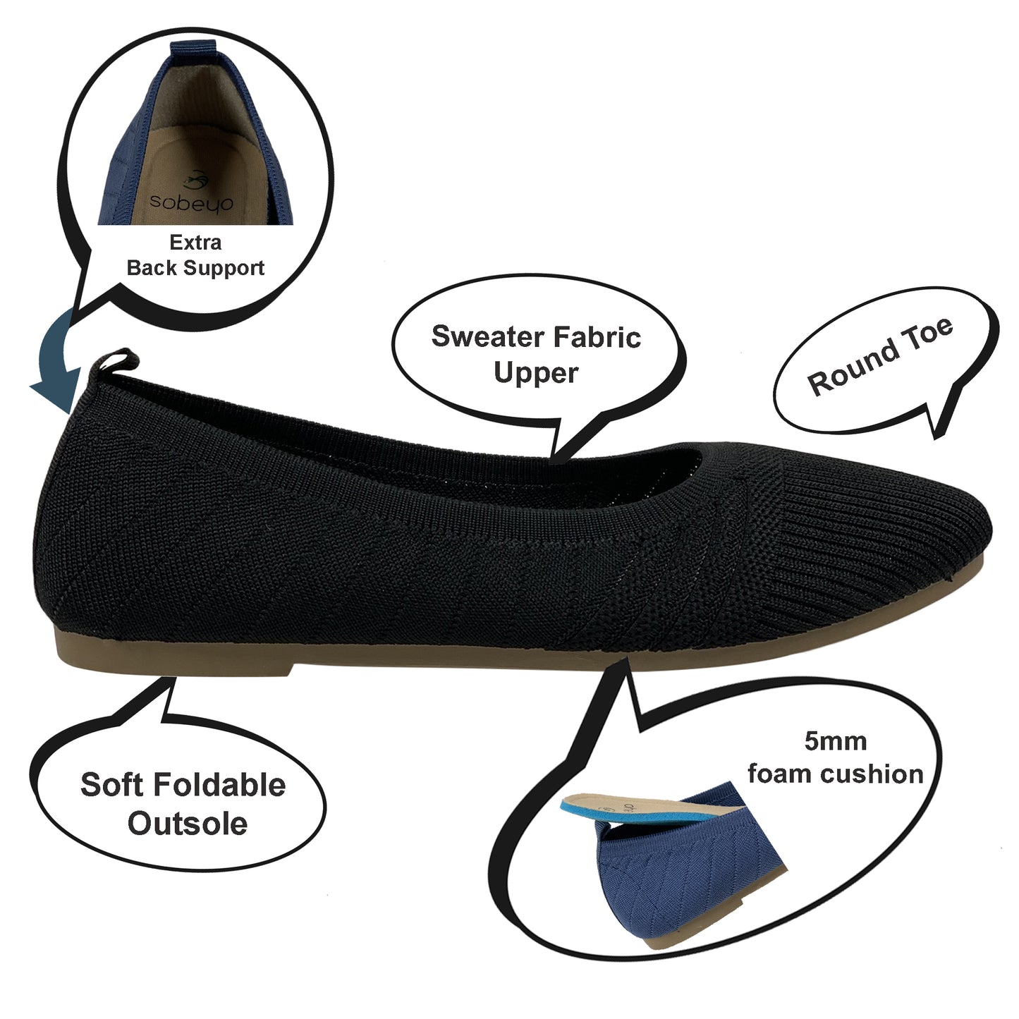 SOBEYO Sweater Round Toe Ballet Flats Soft Foldable Sole Black