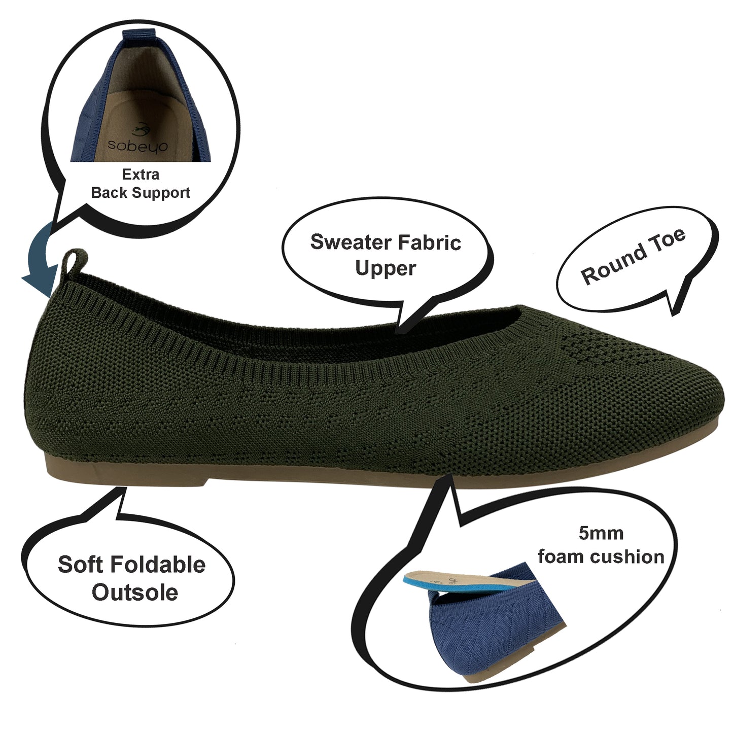 SOBEYO Sweater Round Toe Ballet Flats Soft Foldable Sole Green