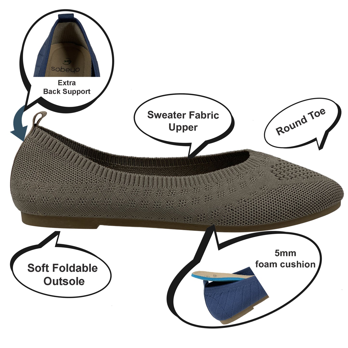 SOBEYO Sweater Round Toe Ballet Flats Soft Foldable Sole Taupe