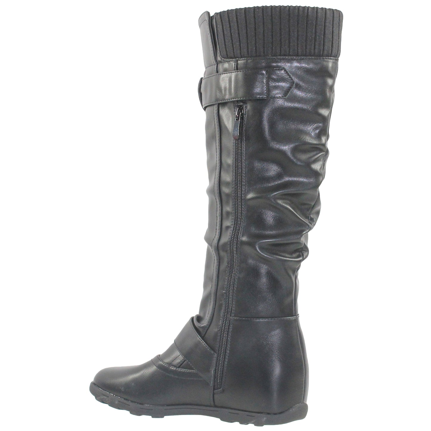 SOBEYO Women's Boots Ruched Knit Cuff Double Straps Buckles Black Leather
