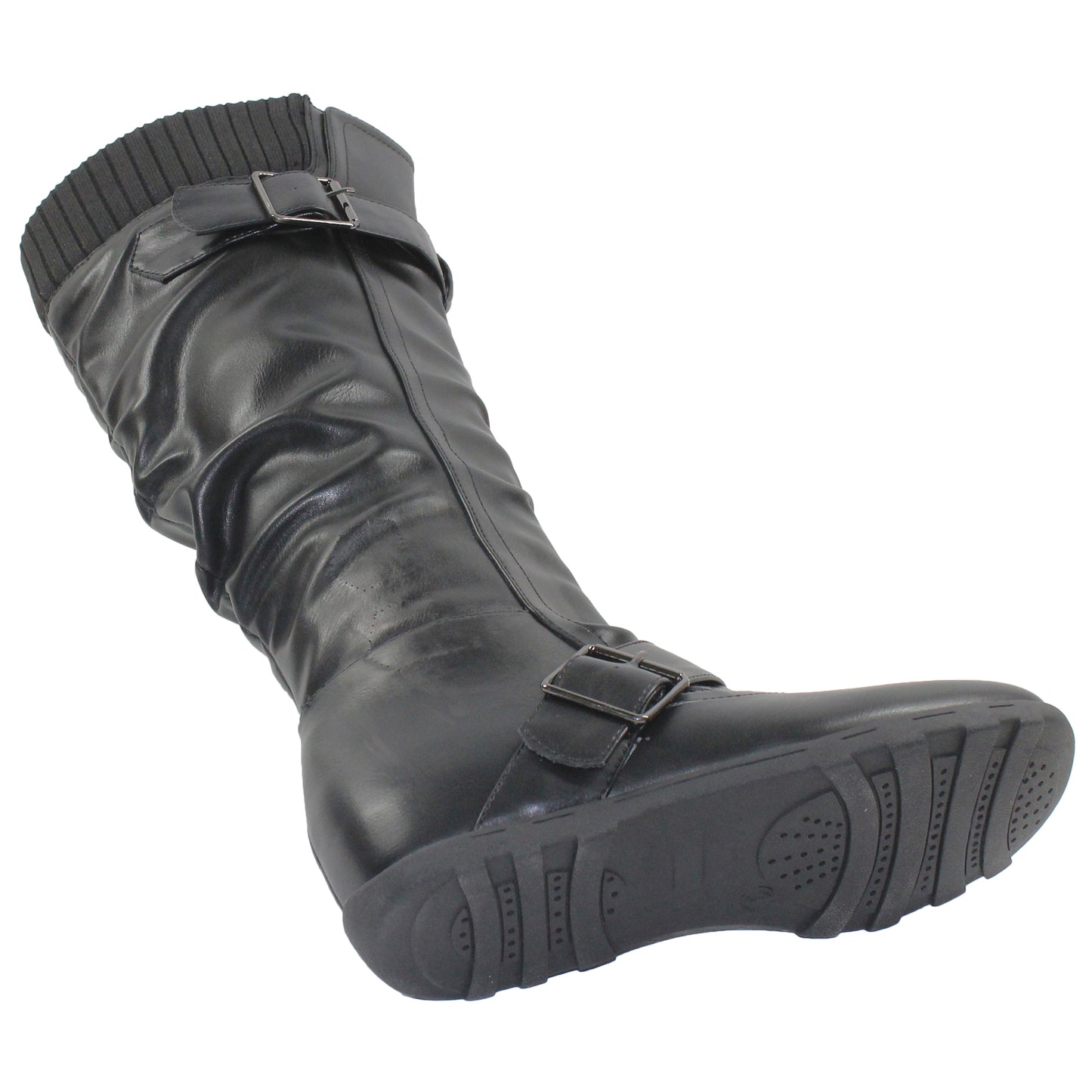 SOBEYO Women's Boots Ruched Knit Cuff Double Straps Buckles Black Leather