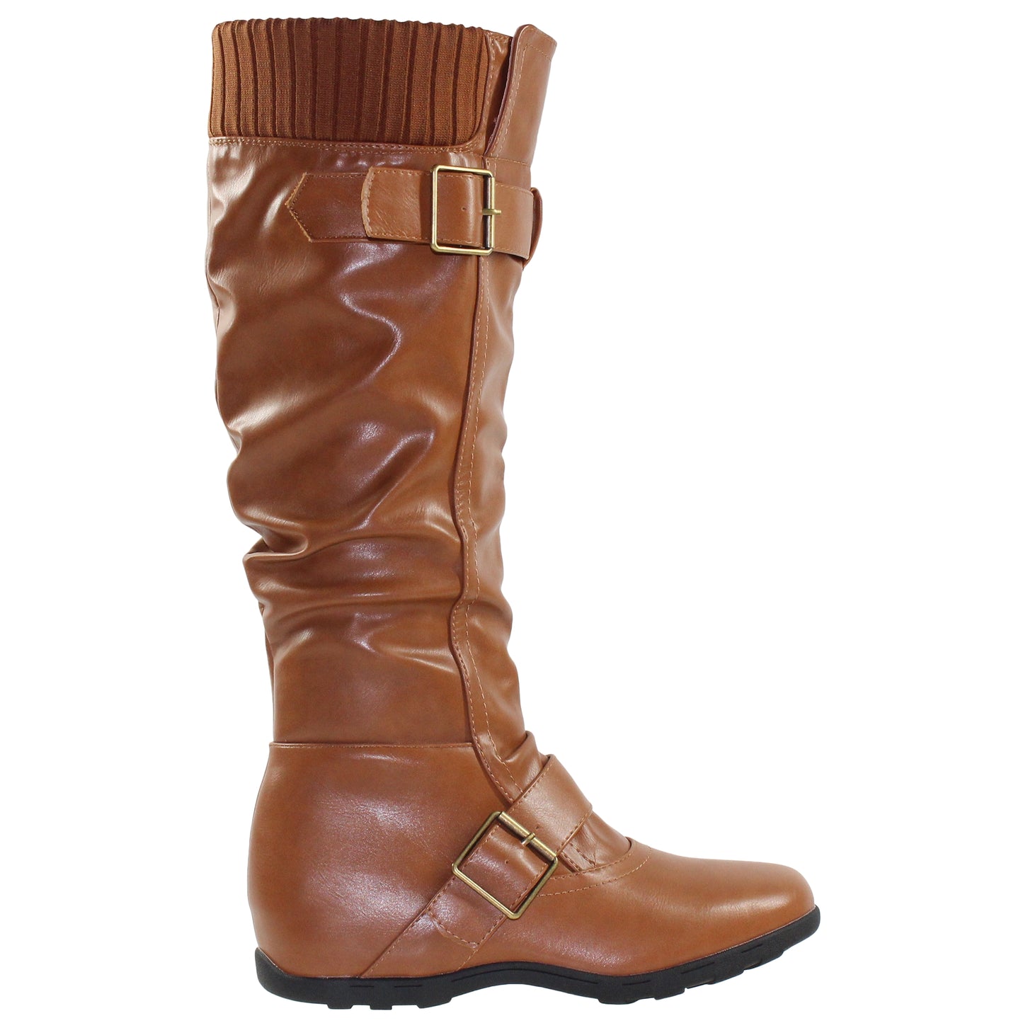 SOBEYO Women's Boots Ruched Knit Cuff Double Straps Buckles Tan Leather
