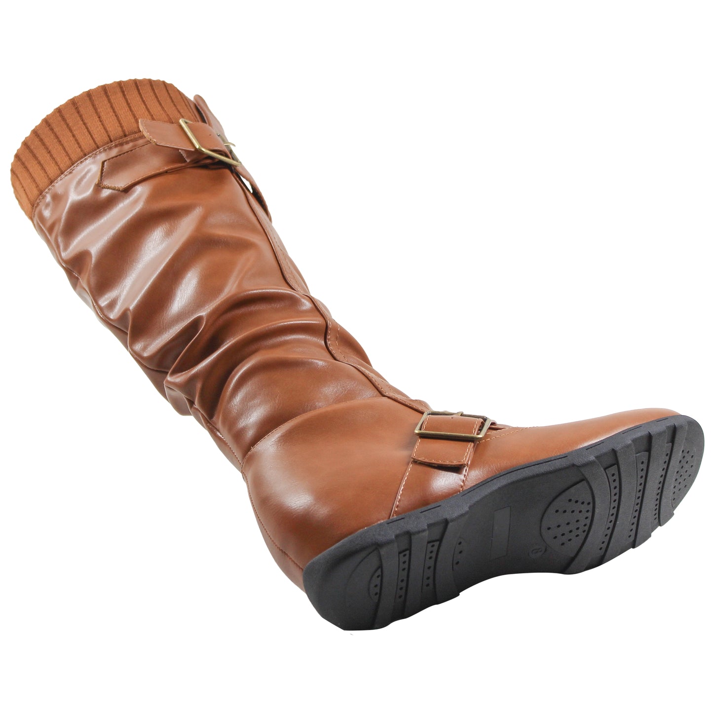 SOBEYO Women's Boots Ruched Knit Cuff Double Straps Buckles Tan Leather