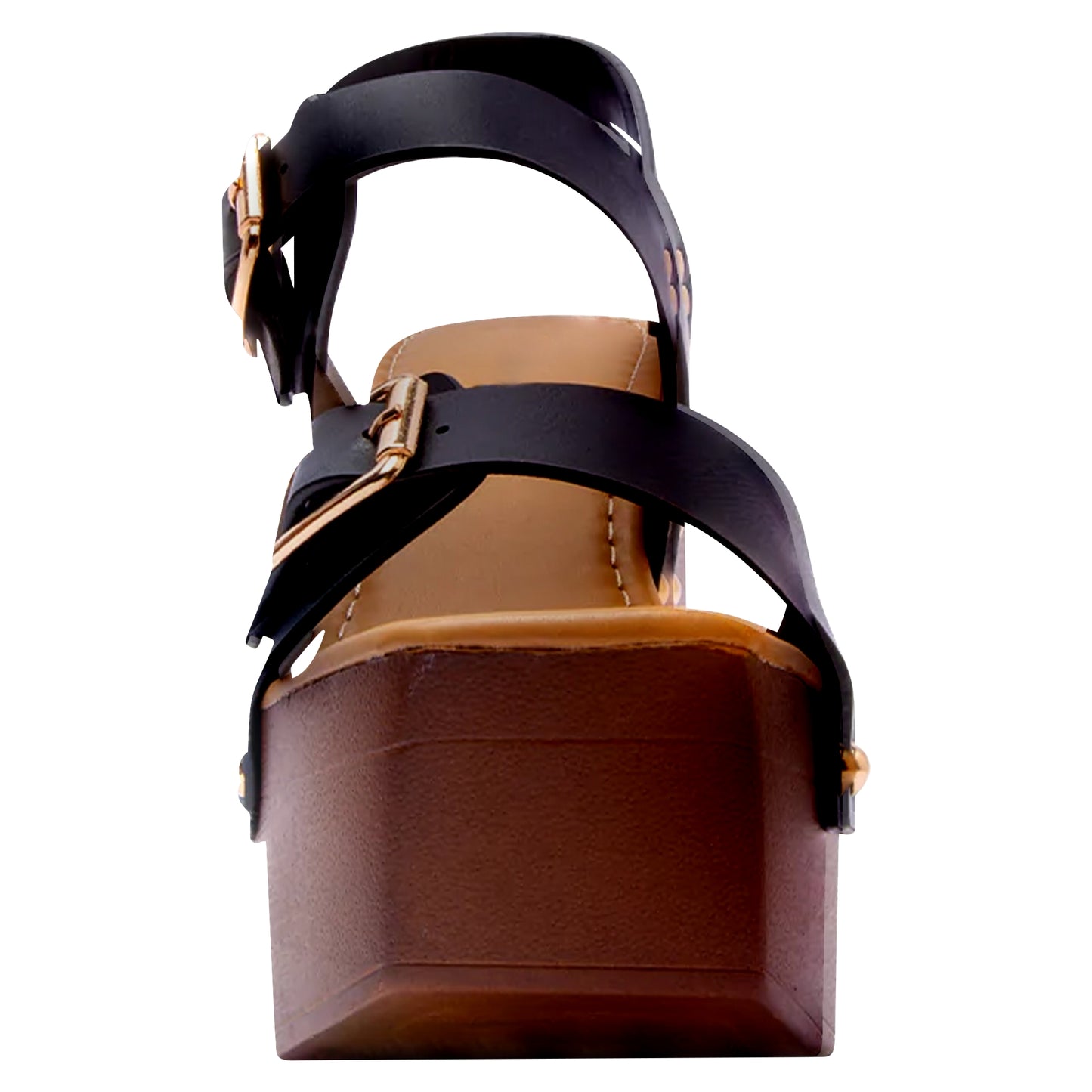 Double Buckle Straps Sandals Wood Accents Godden Studs Black