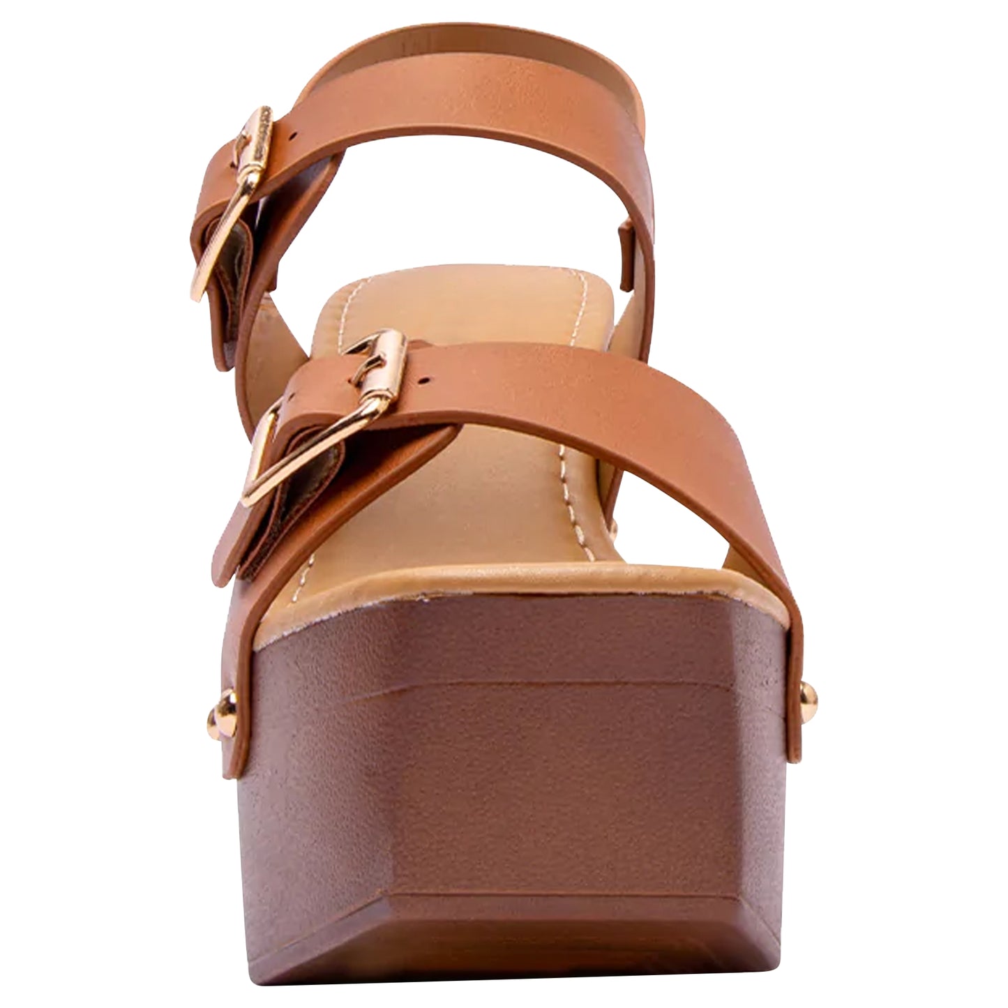 Double Buckle Straps Sandals Wood Accents Godden Studs Camel