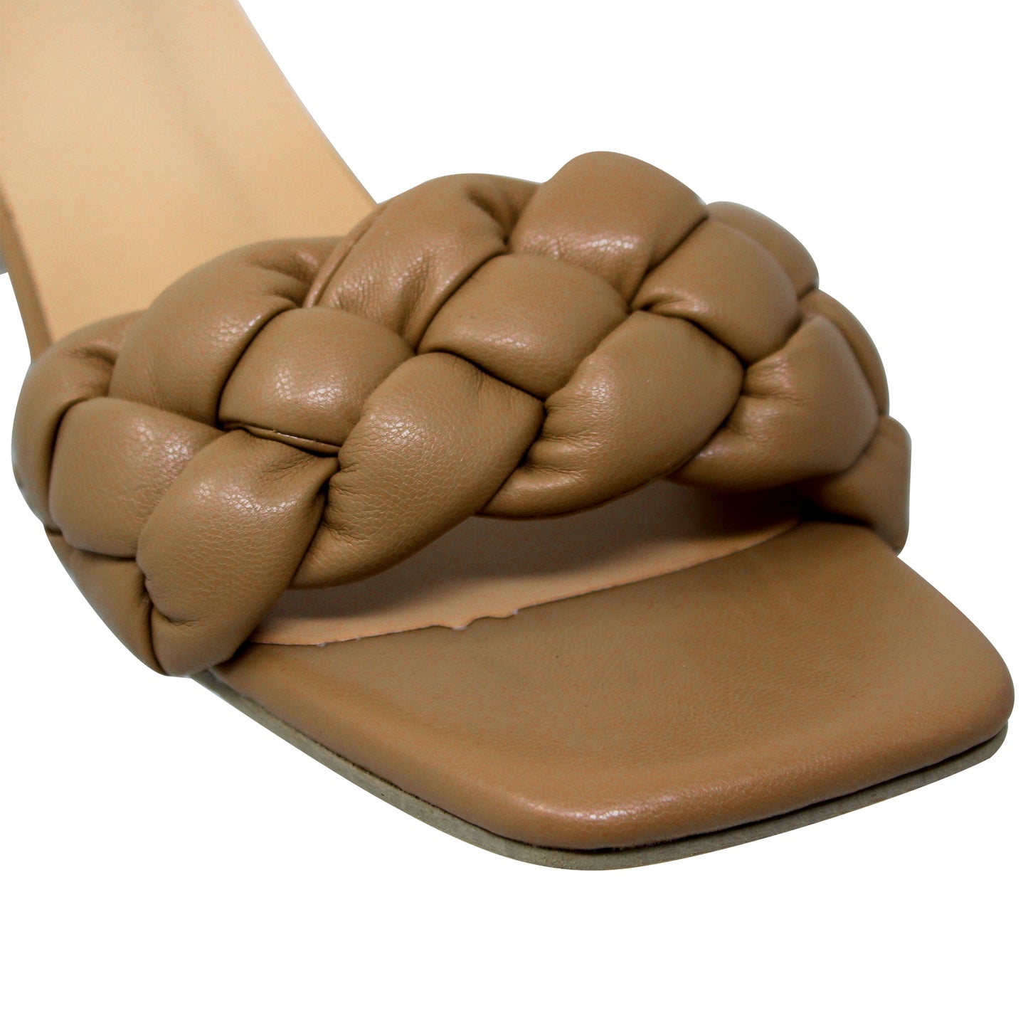 SOBEO Strappy Sandals Braided One Band Low Clear Heels Tan