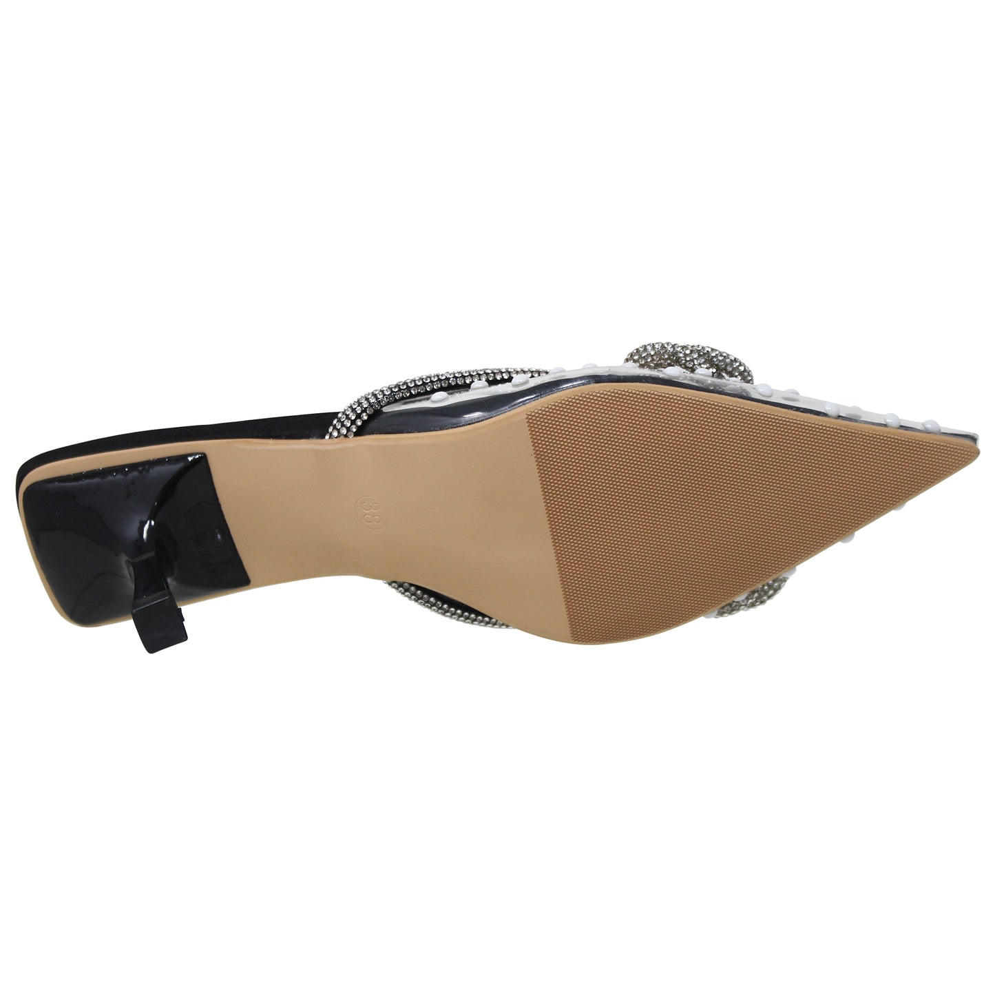 Women's Pointed Toe Heels Pumps Clear Rhinestones Bow Sandals Black