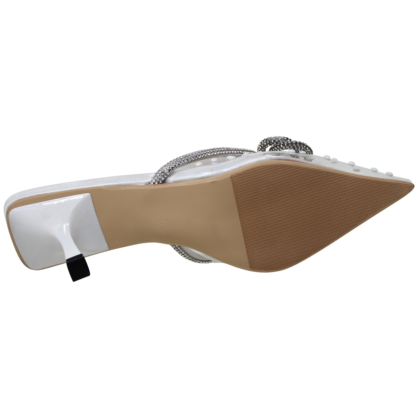 Women's Pointed Toe Heels Pumps Clear Rhinestones Bow Sandals White