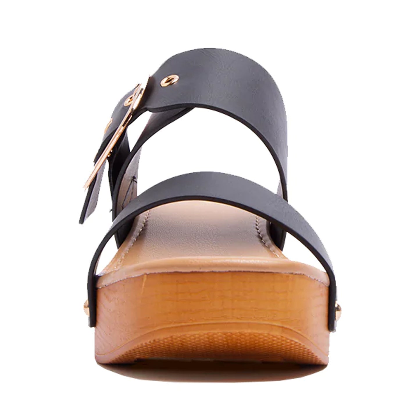 Double Adjustable Buckle Straps Slip On Wood Accents Sandals Black