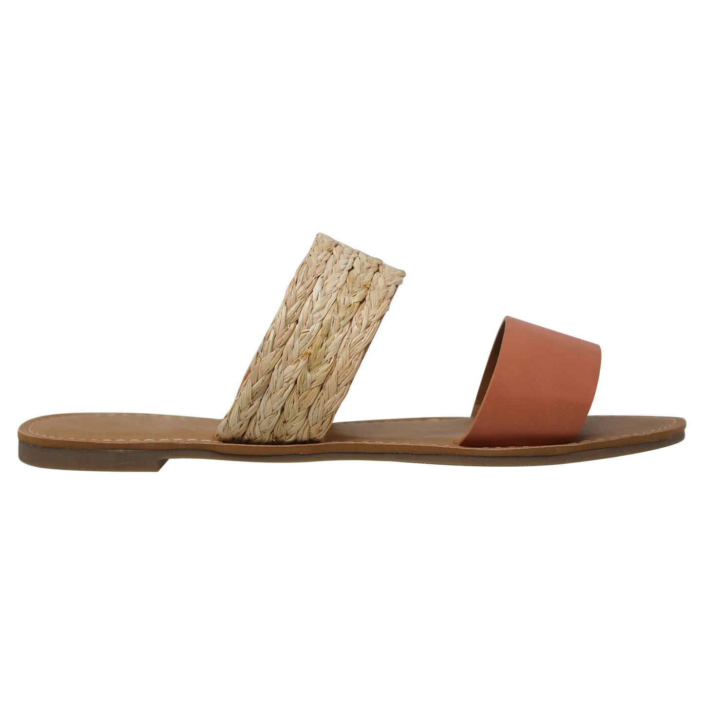 Women's Summer Sandals Two Band Slip On Flats Coral/Straw Tan