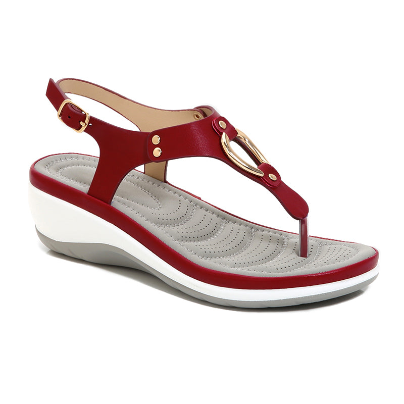 SOBEYO Platform Sandals Thong Gold Buckle T-Strap Sling Back Red