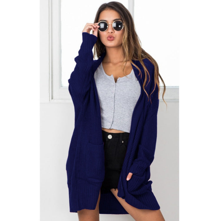 Women's Soft Knit Long Sleeve Sweater Open Front 2 Pockets Cardigan Outwear Jacket Navy