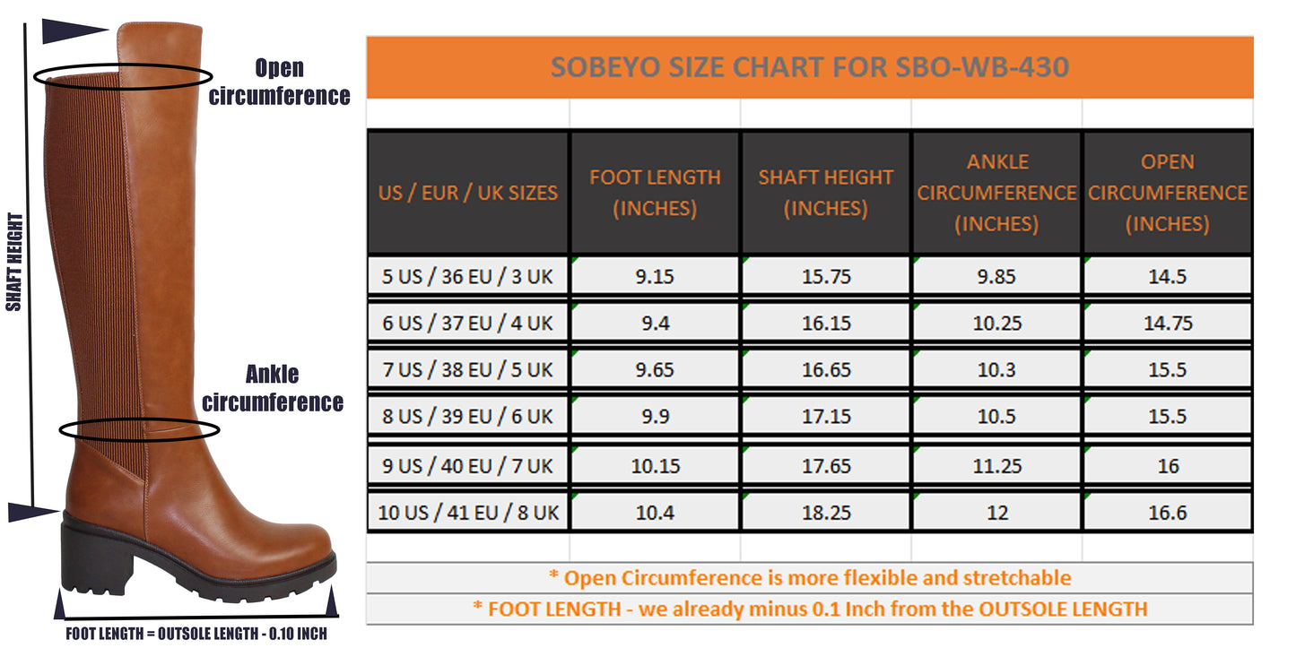 SOBEYO Women's Boots Knee High Chunky Heels Elastics Side Zipper Closure Brown