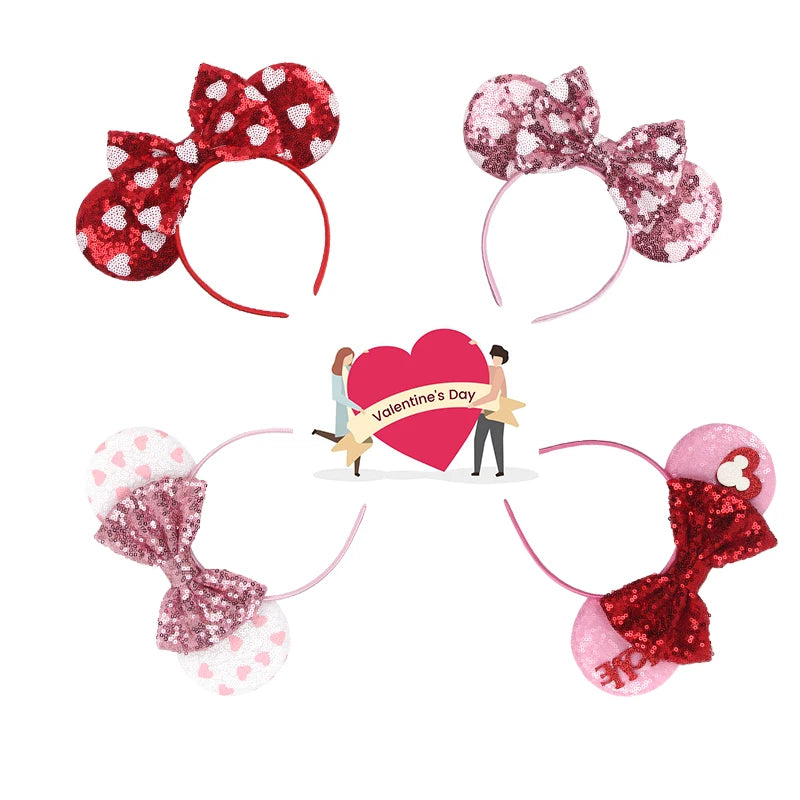 New Valentine's Day Mouse Ears Headband For Girls Women Sequins Love 5"Bow Hairbands Festival Party DIY Hair Accessories Femmes