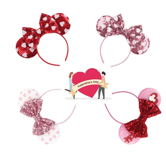 New Valentine's Day Mouse Ears Headband For Girls Women Sequins Love 5"Bow Hairbands Festival Party DIY Hair Accessories Femmes