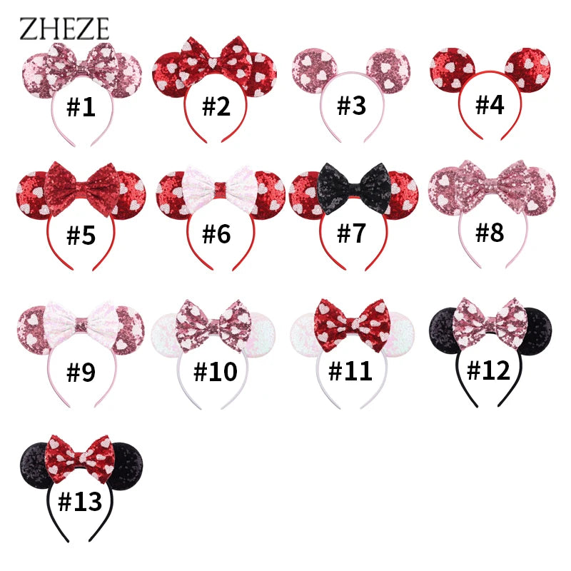 New Valentine's Day Mouse Ears Headband For Girls Women Sequins Love 5"Bow Hairbands Festival Party DIY Hair Accessories Femmes