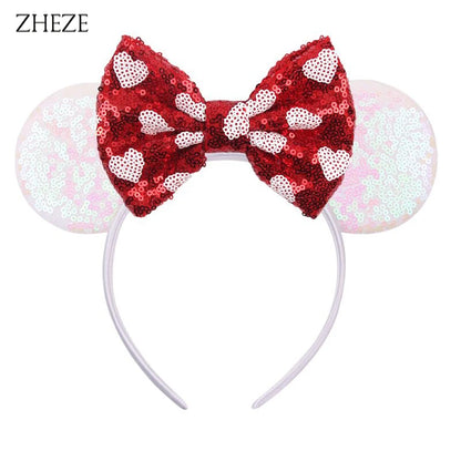 New Valentine's Day Mouse Ears Headband For Girls Women Sequins Love 5"Bow Hairbands Festival Party DIY Hair Accessories Femmes