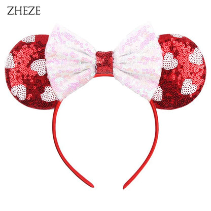 New Valentine's Day Mouse Ears Headband For Girls Women Sequins Love 5"Bow Hairbands Festival Party DIY Hair Accessories Femmes
