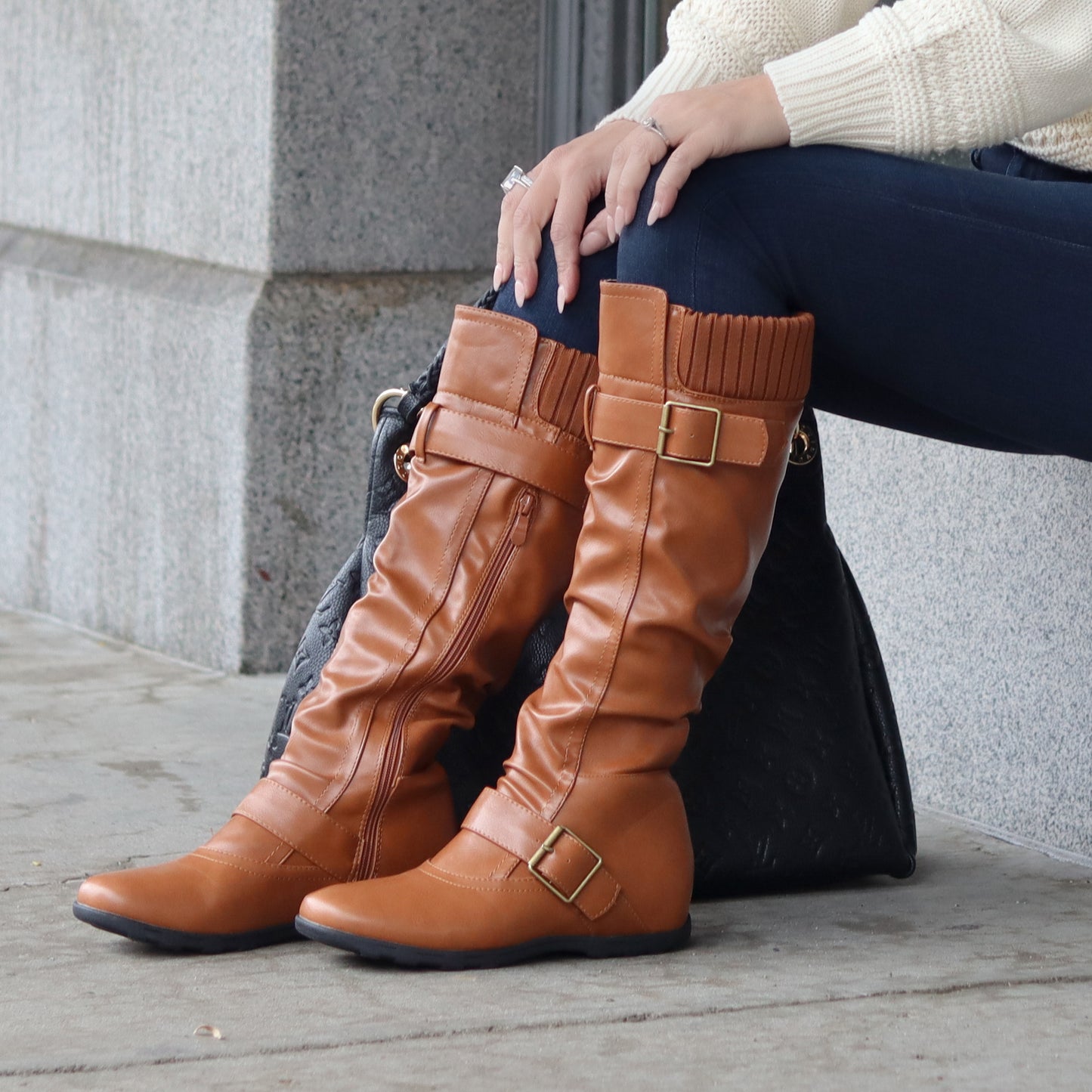 SOBEYO Knee High Boots Ruched Knit Cuff Double Straps Buckles
