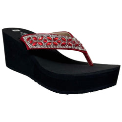 Womens Platform Sandals Rhinestone Wedge Flip Flops Sparkling Beaded Strap Red