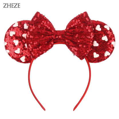 New Valentine's Day Mouse Ears Headband For Girls Women Sequins Love 5"Bow Hairbands Festival Party DIY Hair Accessories Femmes