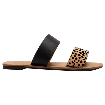 Women's Summer Sandals Two Band Slip On Flats Black/Leopard Brown