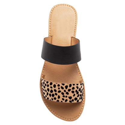 Women's Summer Sandals Two Band Slip On Flats Black/Leopard Brown