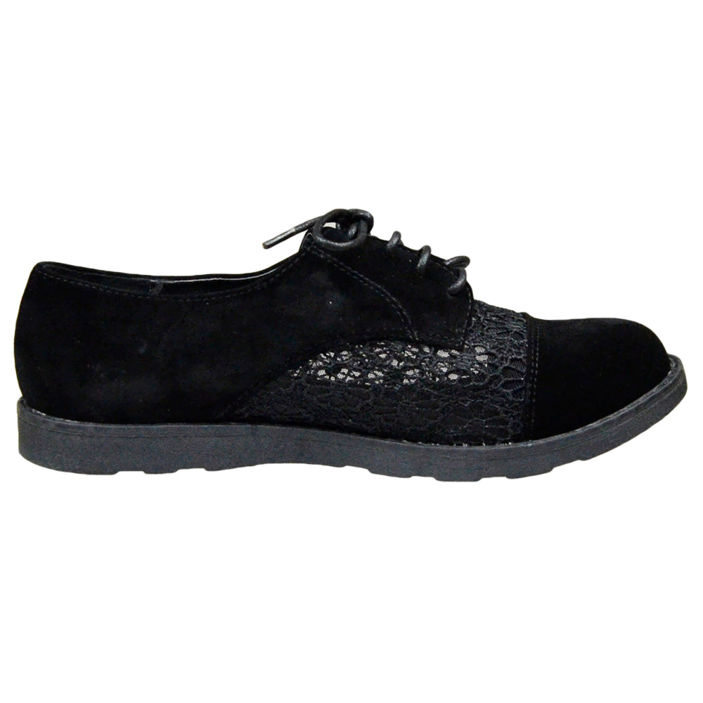 SOBEYO Women's Embroidered Flower Lace Up Oxford Flats Black