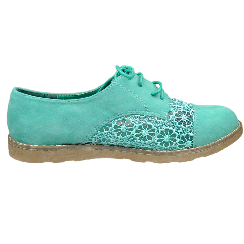 SOBEYO Women's Embroidered Flower Lace Up Oxford Flats Green