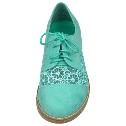 SOBEYO Women's Embroidered Flower Lace Up Oxford Flats Green