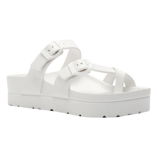 SOBEYO Women's Strappy Platform Sandals Ring Toe Double Buckles White