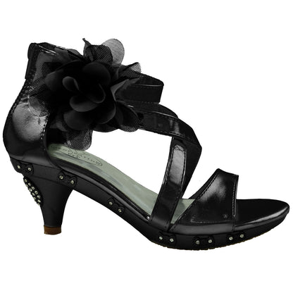 Girls Tulle Flower High Heel Dress Sandals Black