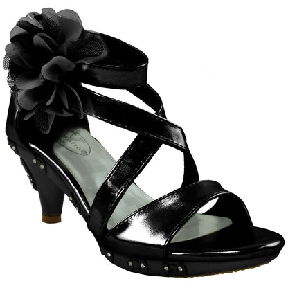Girls Tulle Flower High Heel Dress Sandals Black