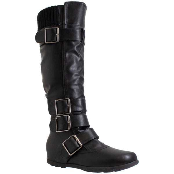 Generation Y Women's Knee High Boots Strappy Buckles Combat – SOBEYO.COM