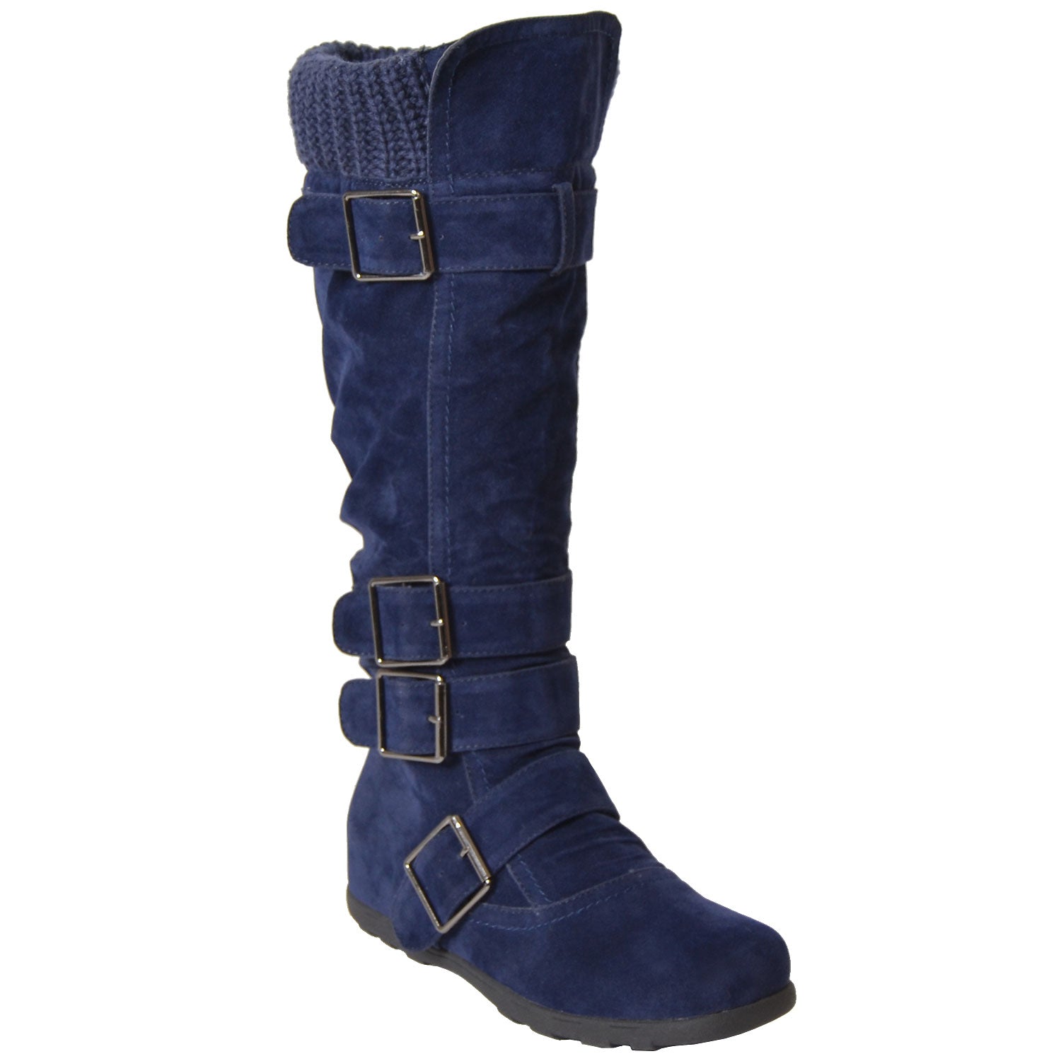Womens Strappy Buckles Knit Collar Knee High Suede Boots Blue – SOBEYO.COM