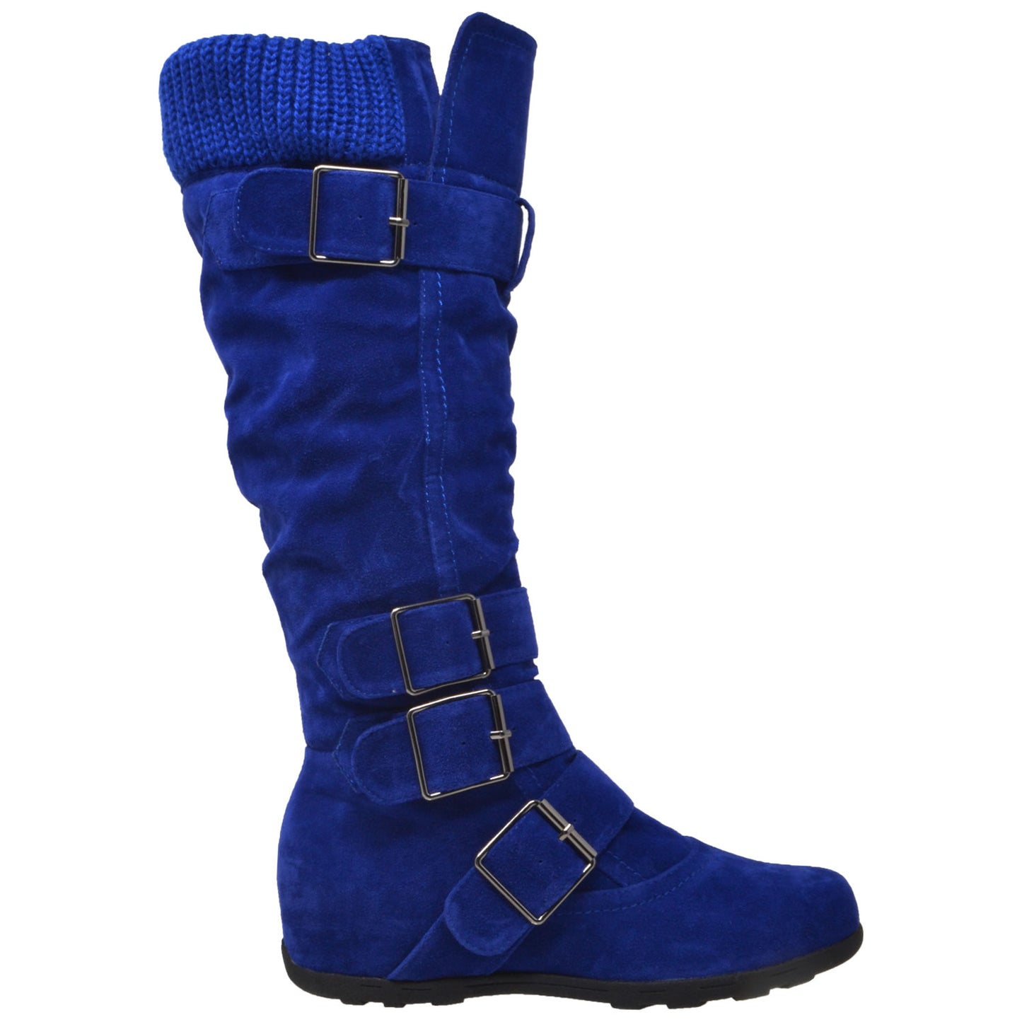 Womens Strappy Buckles Knit Collar Knee High Suede Boots Light Blue ...
