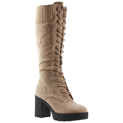 Women Lace Up Chunky Heel Knitted Cuff Combat Boots Beige Suede