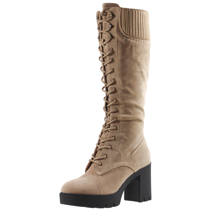 Women Lace Up Chunky Heel Knitted Cuff Combat Boots Beige Suede