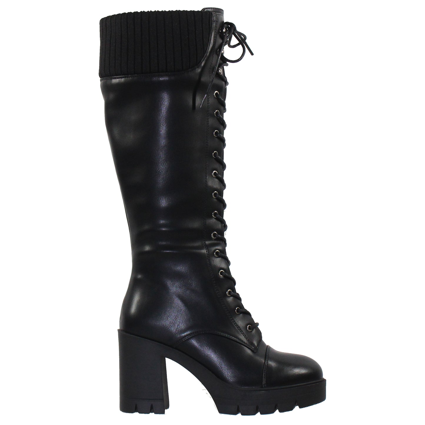 Women Lace Up Chunky Heel Knitted Cuff Combat Boots Black PU