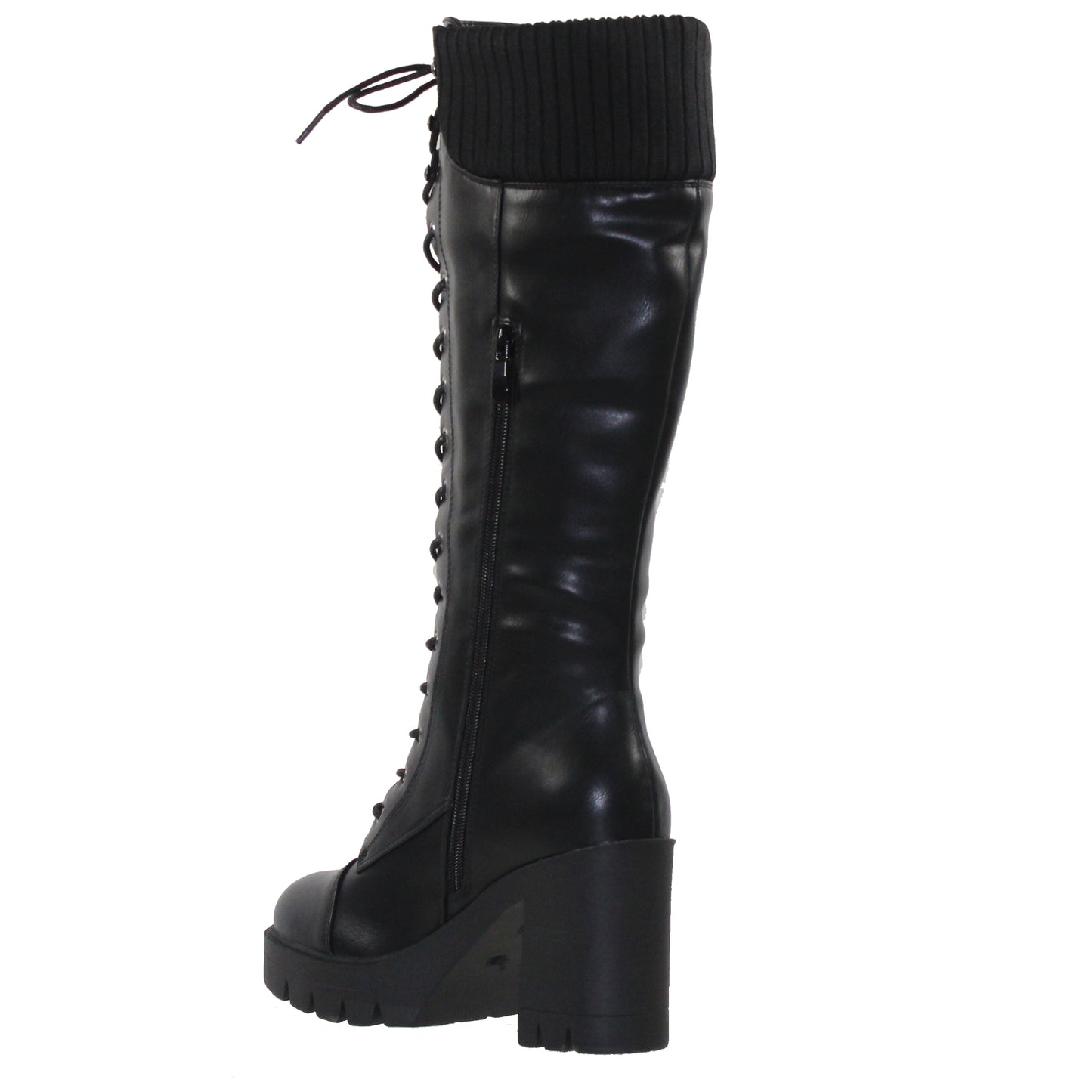 Women Lace Up Chunky Heel Knitted Cuff Combat Boots Black PU